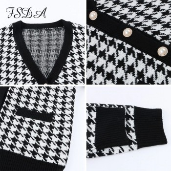 V Neck Women Button Black Houndstooth Cardigan 2020 Long Sleeve Sweater Autumn Winter Knitted Loose Oversized 